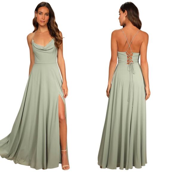 Lulus Romantically Speaking Sage Green Cowl Lace-Up Maxi Dress size Large NWT - Picture 1 of 5